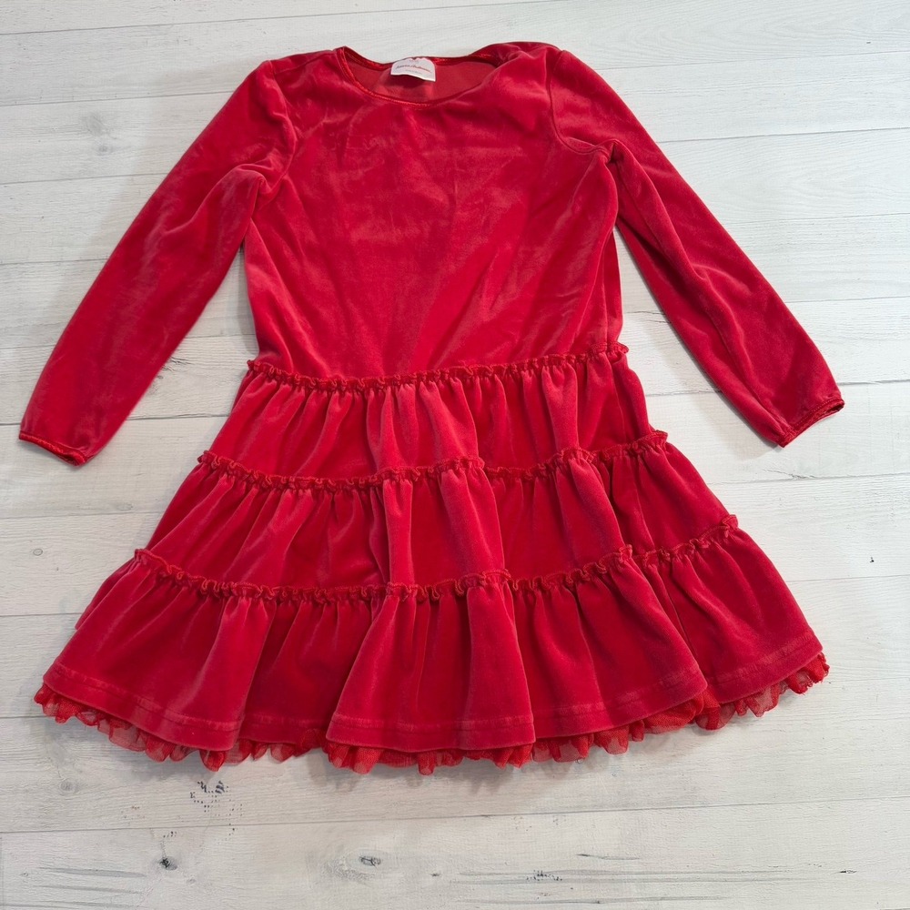 Hanna Andersson girls red velour tiered dress 120 6/7